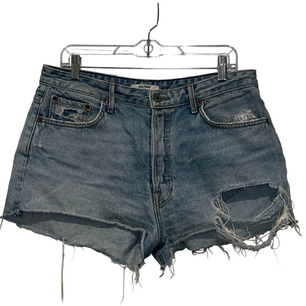Grlfrnd Blue High-Waisted Distressed Denim Frayed Hems & Button Fly Women's Shor
